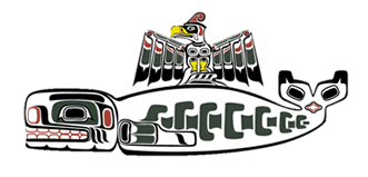 A stylized Indigenous artwork depicts an orca whale with a thunderbird riding on its back, featuring bold black, red, yellow, and green patterns characteristic of Pacific Northwest Coast art.