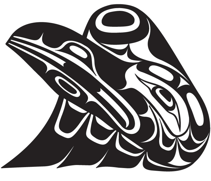 Black and white illustration in a Pacific Northwest Coast Indigenous art style depicting a bird, likely a raven or eagle, with distinctive bold lines and intricate geometric patterns.